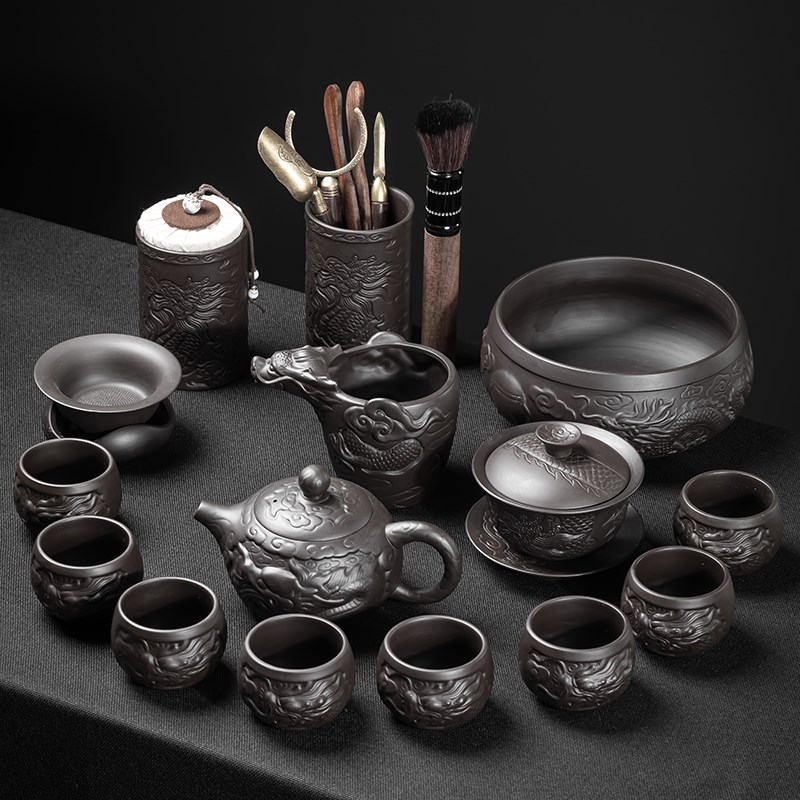 2025新款祥龙紫砂茶具套装家用茶盘办公室会客功夫泡茶壶盖碗茶杯