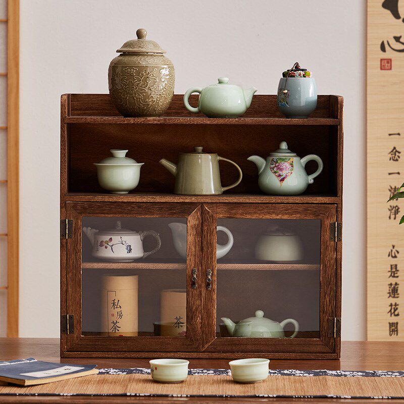 实木防尘玻璃茶壶化妆品置物架茶具收纳柜桌面小茶柜茶杯架橱柜