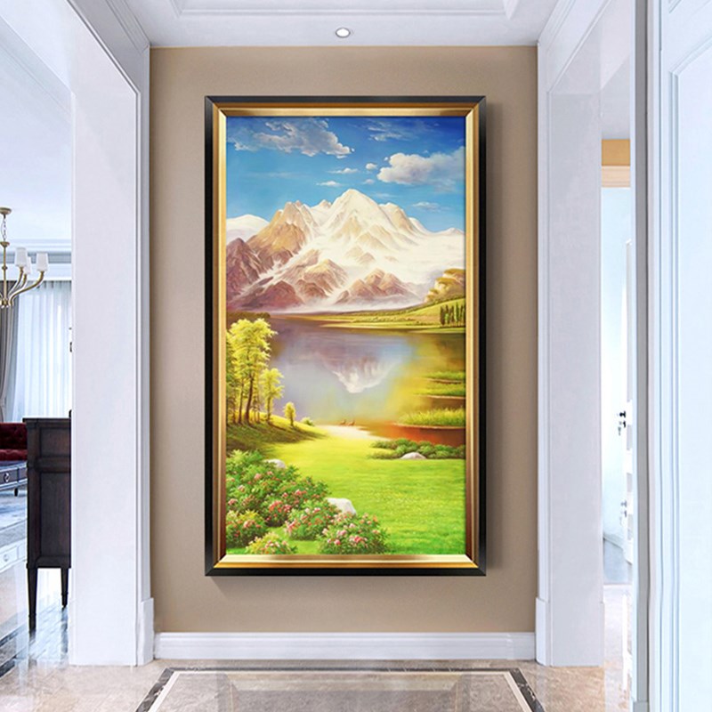 欧式玄关装饰画风景挂画招财聚宝盆背景墙壁画山水流水生财风景画