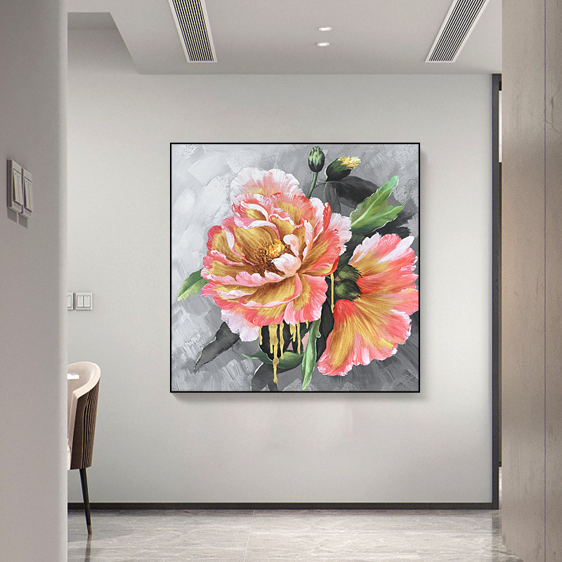 纯手绘牡丹油画客厅餐厅玄关轻奢高级感挂画艺术主卧室床头装饰画