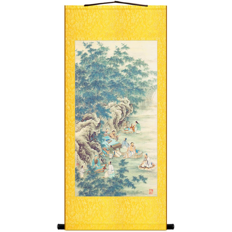 竹林七贤图 名人贤士喝酒品茶画像 中式书房卷轴挂画装饰字画定制