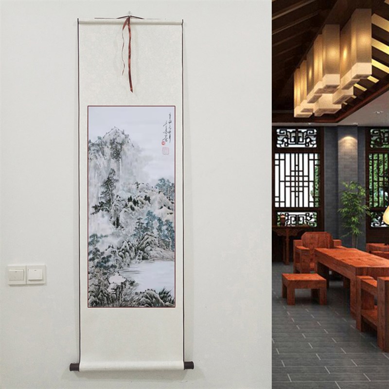国画山水手绘客厅装饰画写意书画木框卷轴装裱卧室书房餐厅水墨画
