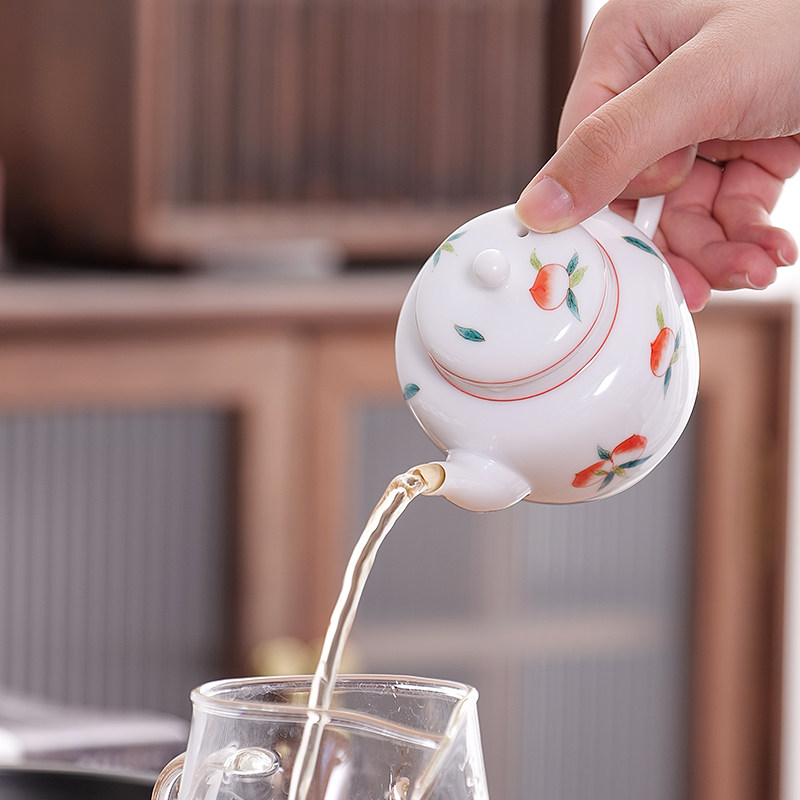 甜白瓷手绘寿桃茶壶 陶瓷家用泡茶复古泡茶器 带手把防烫功夫茶具图片