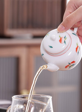 甜白瓷手绘寿桃茶壶 陶瓷家用泡茶复古泡茶器 带手把防烫功夫茶具
