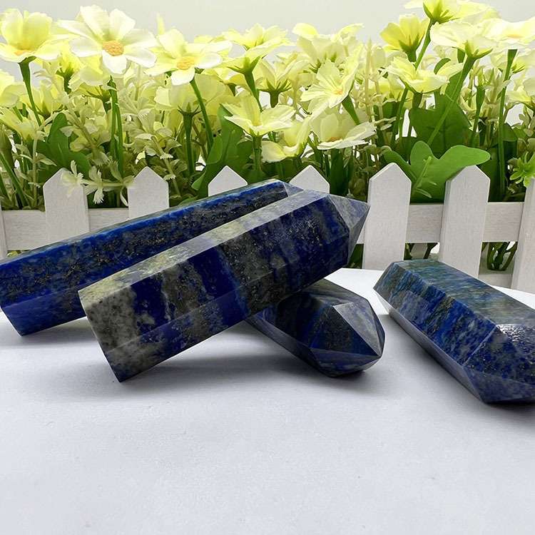 厂家 天然水晶青金石六角棱柱水晶柱原石打磨单尖柱现货