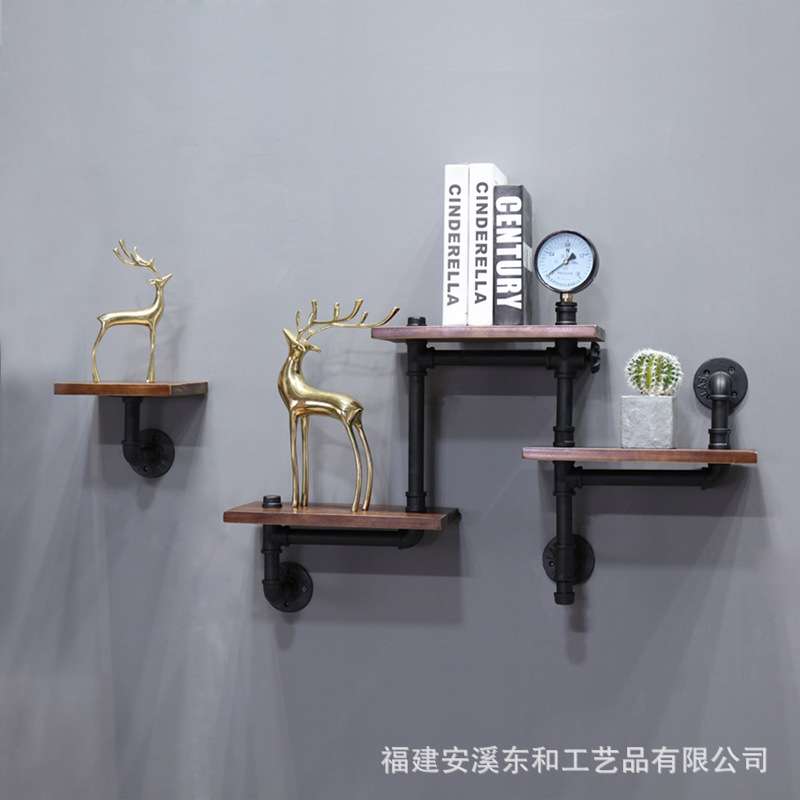 美式复古工业风水管置物架 铁艺实木壁挂搁板装饰客厅书架厂供