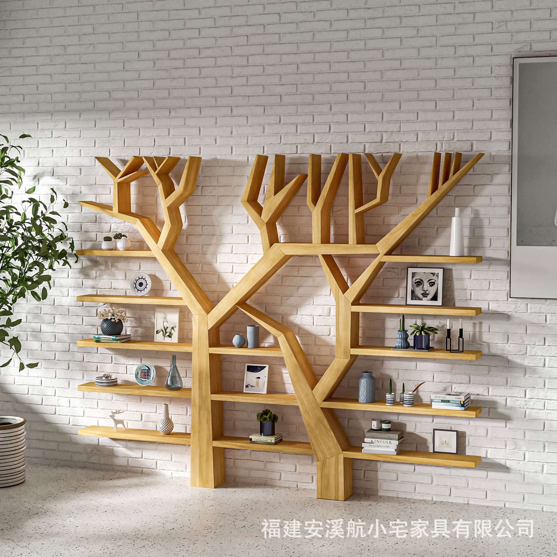 简约现代树形书架实木墙上满墙展示架落地创意多层置物架组装书柜