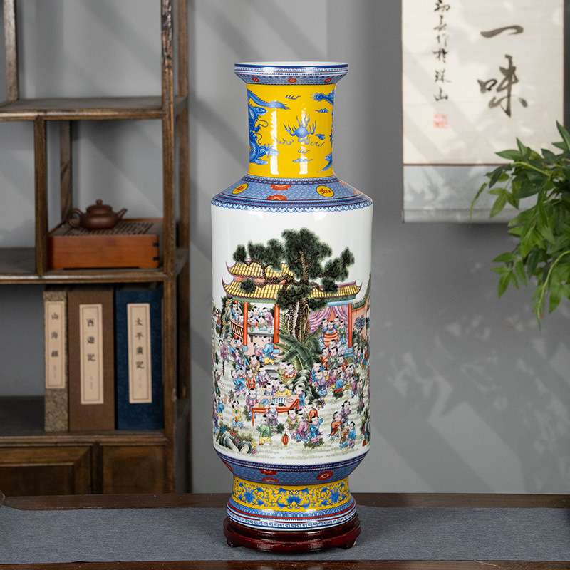 新中式家居陶瓷摆件花瓶景德镇高60CM粉彩竹报瓶大号装饰品瓷瓶子