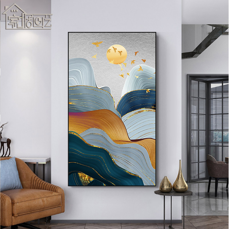 玄关新中式山水画风景装饰画入户入门过道走廊尽头挂画竖版壁画