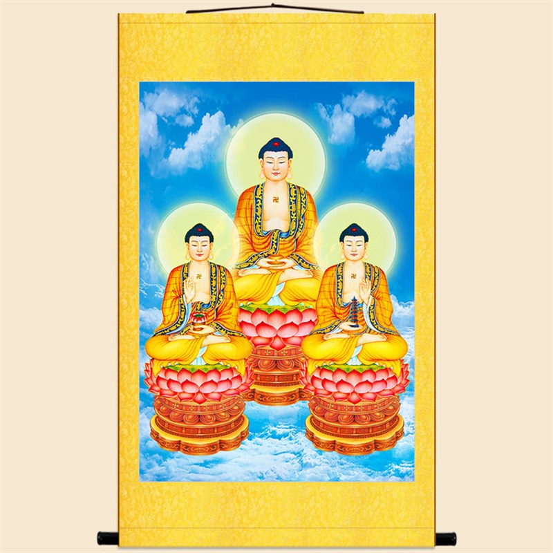 三方佛手势法印版画像 释迦牟尼如来佛祖药师佛阿弥陀菩萨佛像画