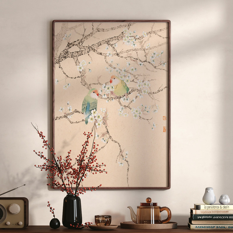 中古风花鸟画法式中国风卧室床头玄关装饰画爱情寓意侘寂风中式画