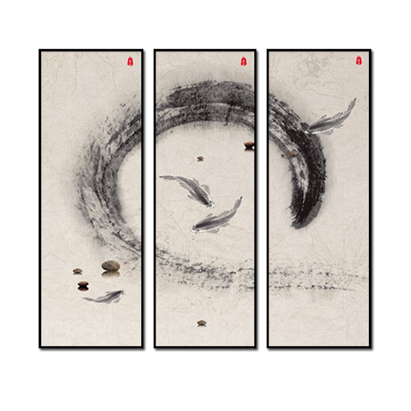 新中式竖幅装饰画扇之韵书房壁画竖向古韵挂画三联大堂样板间覆古