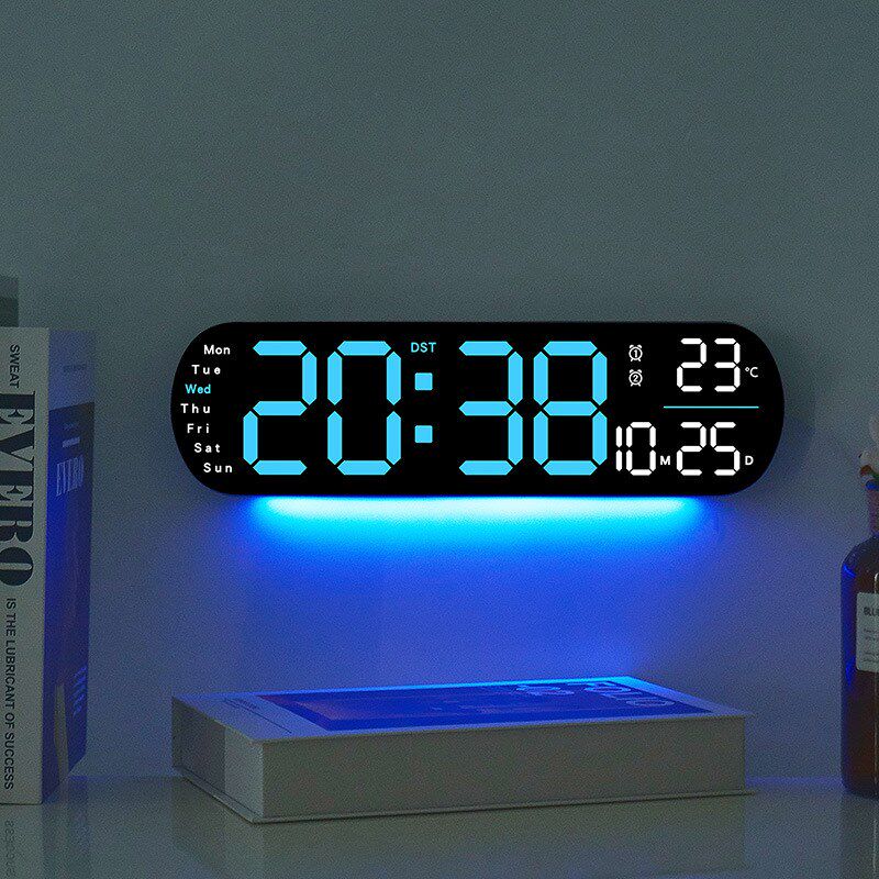 led数字时钟挂墙电子闹钟静音夜光大屏万年历时钟插电款带氛围灯