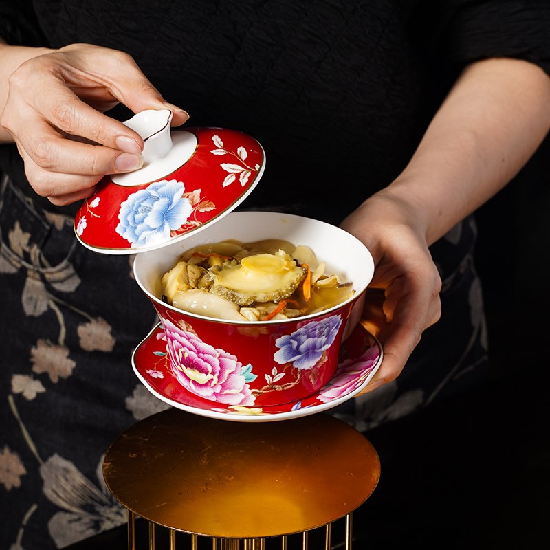 中式国潮盖碗茶杯单个陶瓷泡茶杯骨瓷家用主人功夫茶具三才碗大号