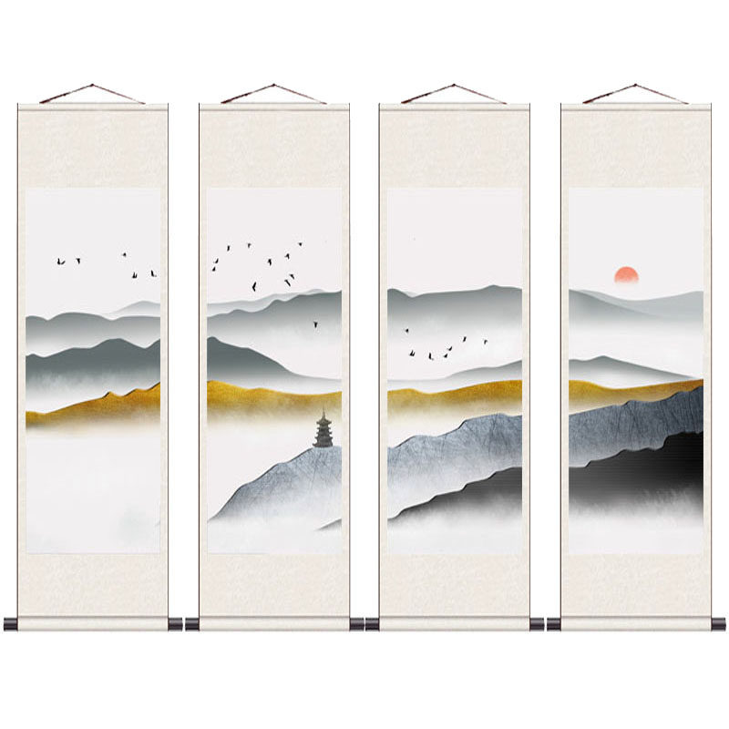 山水字画四条屏卷轴画仿古画抽象山水画办公室书房挂画丝绸装饰画