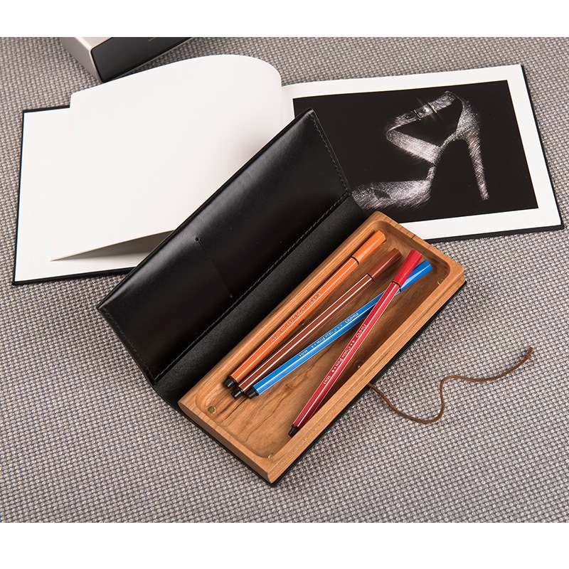 创意收纳盒皮制文具盒笔盒日式简约桌面多功能便携式木质笔盒