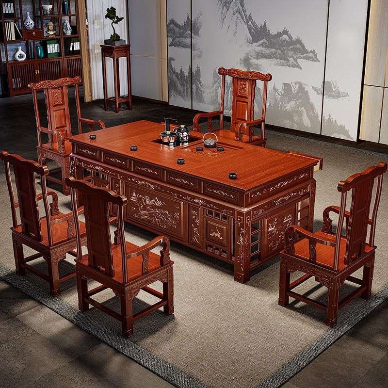 全套实木茶桌一体一整套榆木茶几办公室客厅雕花茶台茶具套装仿古
