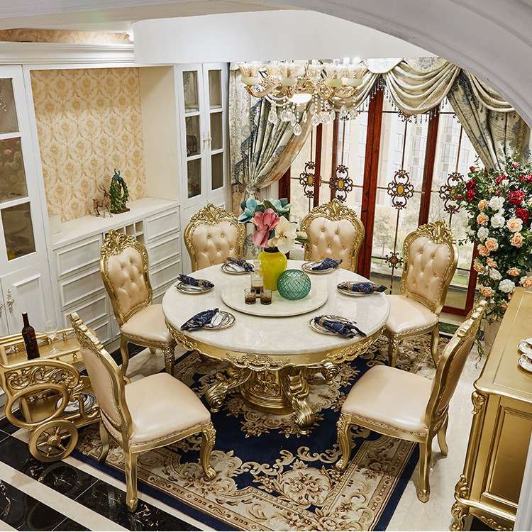 欧式圆餐桌椅组合全实木雕花餐桌饭桌法式大理石圆餐桌