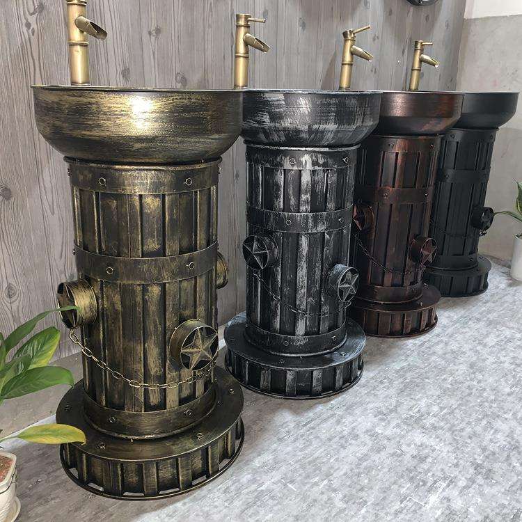 铁艺复古创意立柱盆圆形卫生间落地台盆工业风LOFT一体个性洗手台