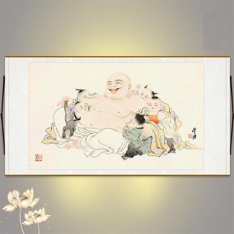 五福捧弥勒图 五子戏弥勒横幅挂画 笑口常开人物画书房客厅装饰画