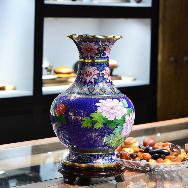 北京特色纪念品景泰蓝实地磨光花瓶12寸花口家居装饰品出国礼品