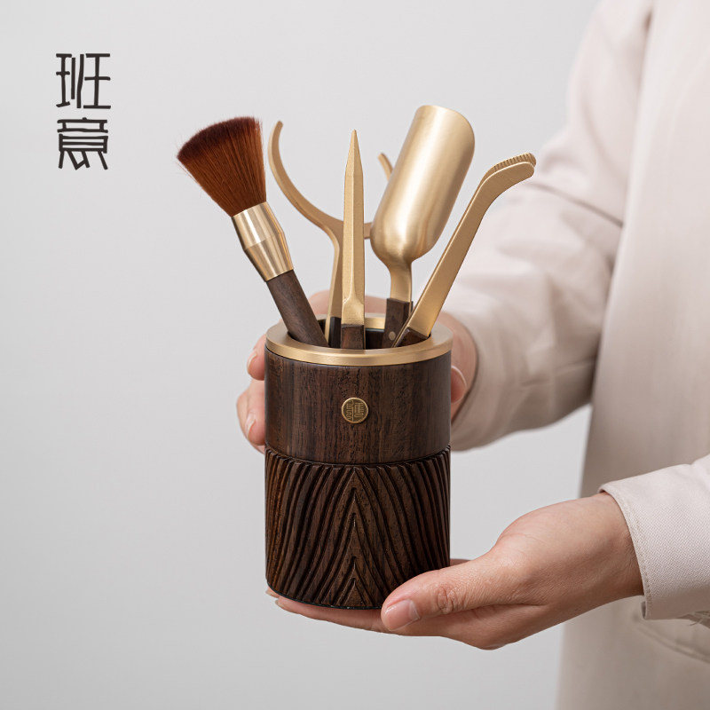 班意 六君子实木黑檀套装铜功夫茶具配件茶夹笔筒茶杯垫带杯叉