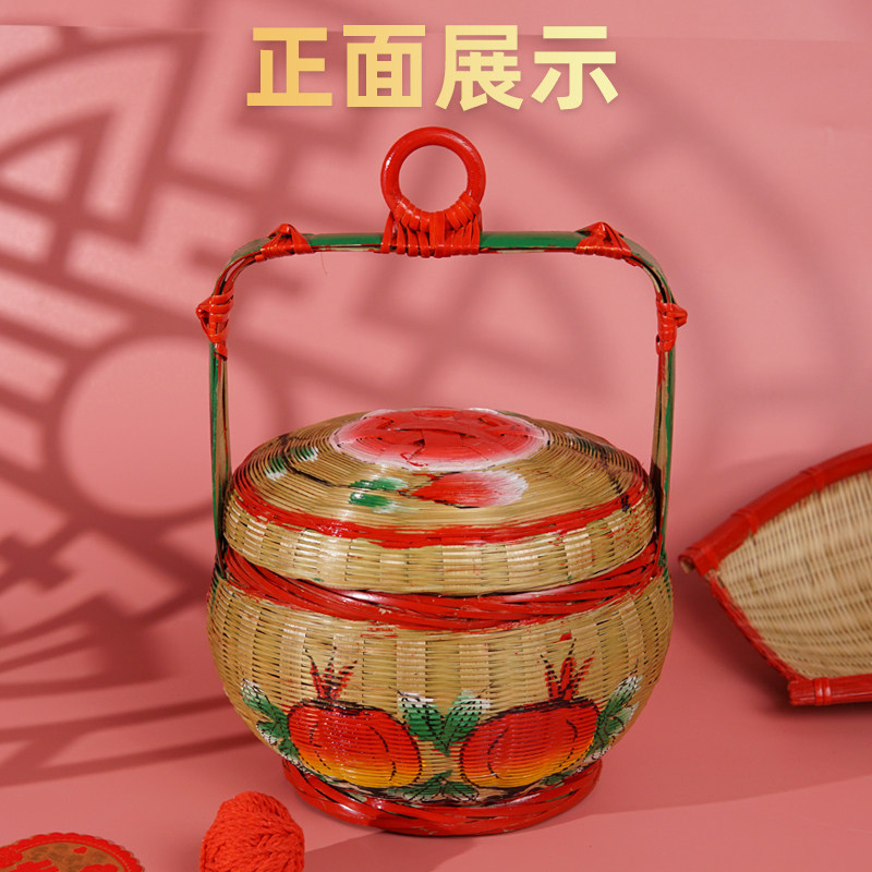 纯手工编织彩绘竹篮子潮汕传统喜庆婚嫁女方用品竹制花篮竹艺摆件
