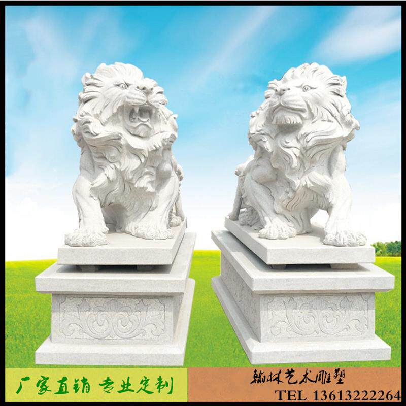 欧式石雕狮子大理石蹲狮汉白玉爬狮雕塑公司门口石狮一对落地摆件