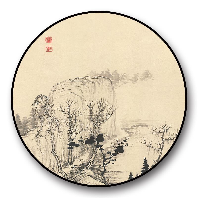 新中式圆形明清古典水墨山水装饰画幽居楼阁花鸟小品玄关挂画工笔