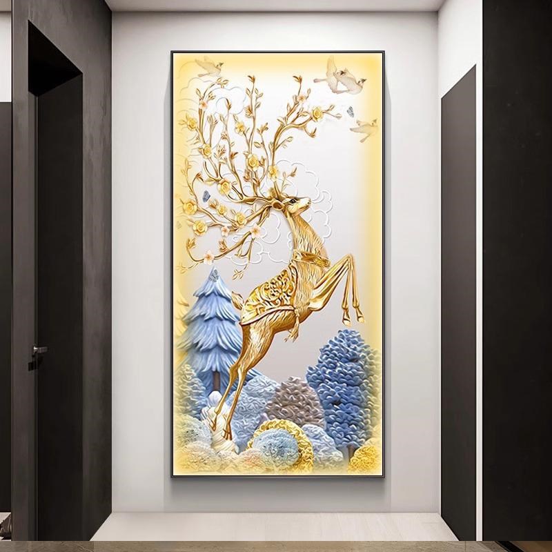 玄关客厅装饰画轻奢大气带灯镶钻麋鹿晶瓷画墙挂画入户过道墙壁画