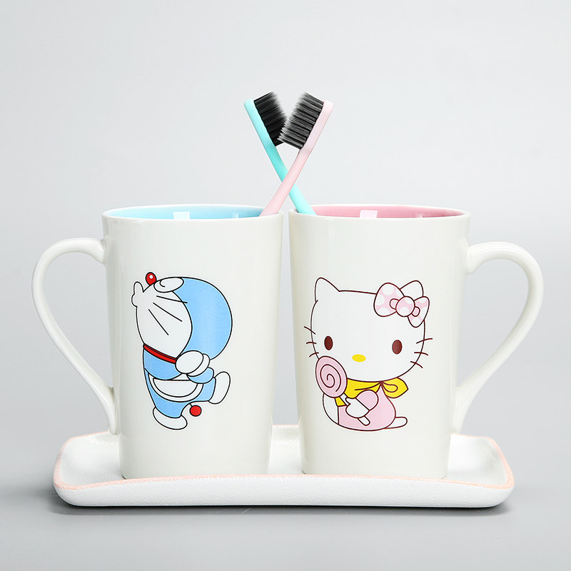 卡通陶瓷洗漱杯大人小孩牙杯 三四口之家漱口杯 猫咪 学生杯 刻字