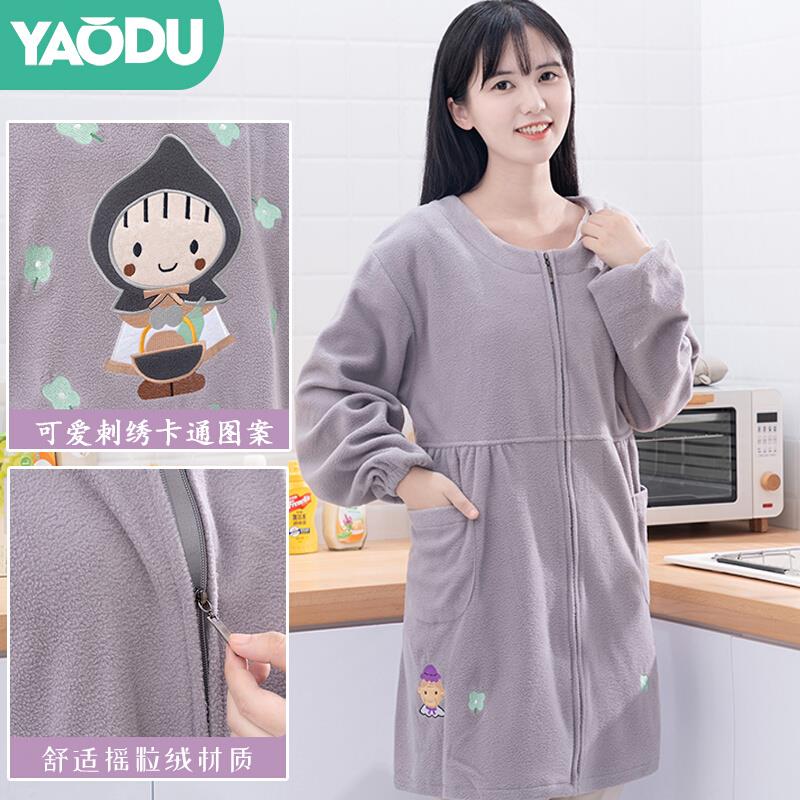 罩衣女冬家用厨房加绒加厚时尚中长款拉链长袖保暖工作服大人围裙