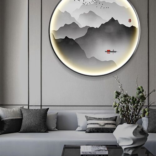 LED发光山水风景晶瓷装饰画 可遥控新中式玄关客厅壁饰画