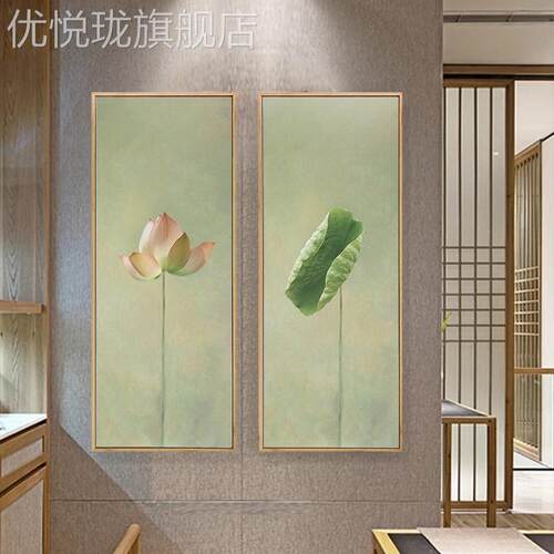 定做青灯客 新中式花客厅荷莲花壁画禅意装饰画茶室墙画玄竖关版