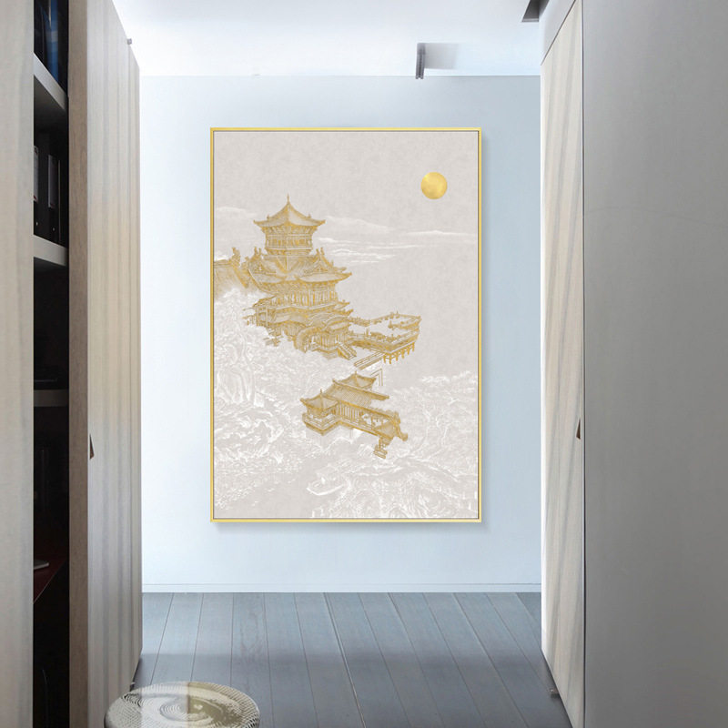 新中式入户玄关装饰画肌理金箔挂画书房轻奢立体浮雕建筑风景壁画