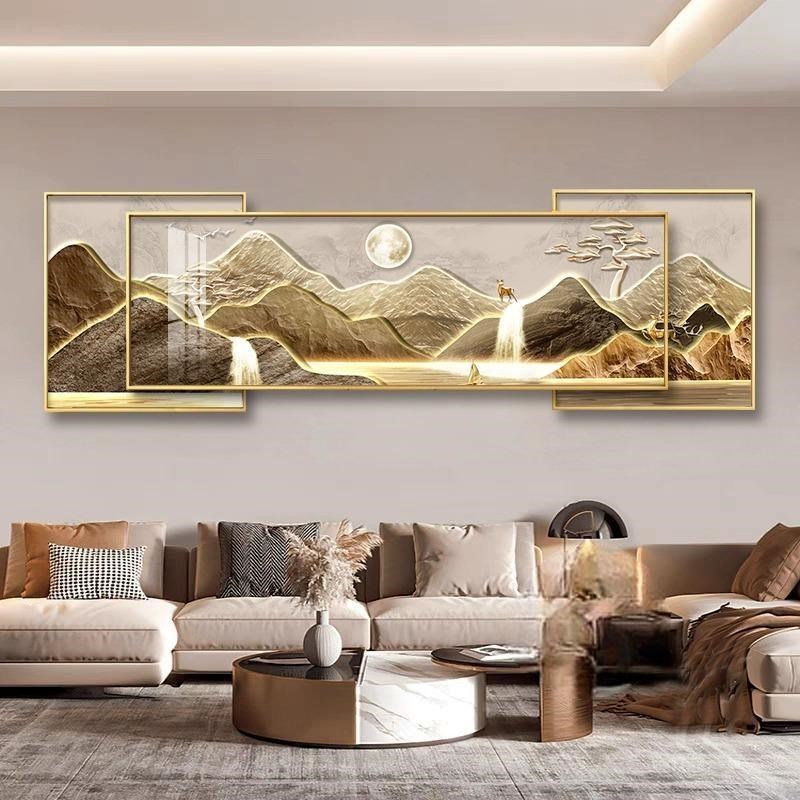 背有靠山客厅装饰画轻奢大气沙发背景墙挂画墙上山水画叠加壁画