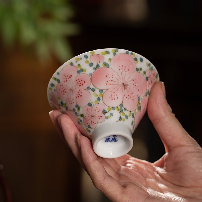 景德镇釉下五彩手绘茶杯桃花斗笠杯满工小清新陶瓷茶具品茗主人杯
