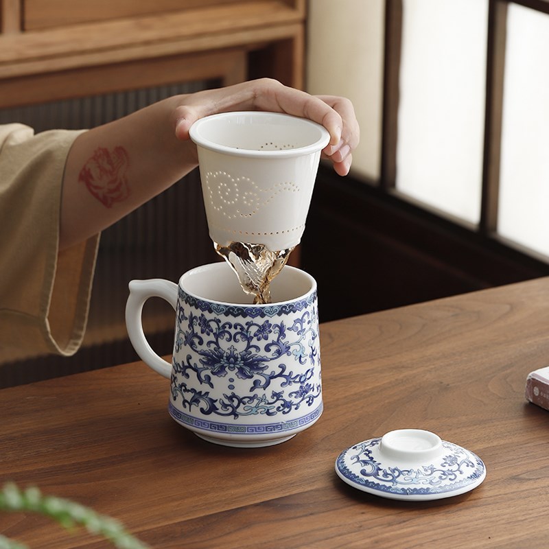 青花瓷办公杯茶水分杯男士个人专用泡茶杯陶瓷水杯带过滤高档礼盒