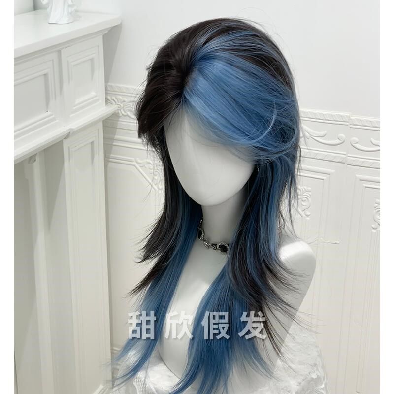 甜欣假发女新款长发蓝黑挑染日常网红氛围感修脸新款全头套式假发