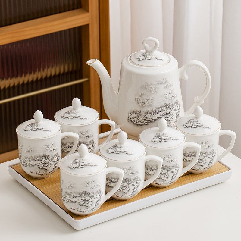 中式大容量茶壶茶杯整套茶具套装陶瓷家用防烫功夫茶具复古带盖杯