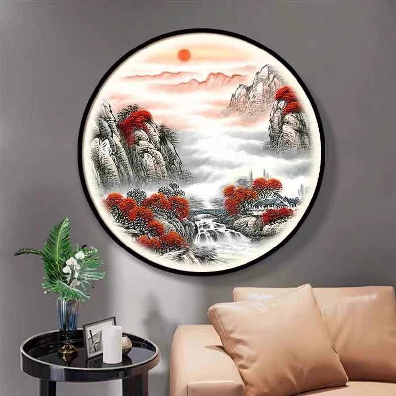 带灯鸿运当头茶室玄关装饰画灯光画新中式客厅壁灯办公室山水挂画