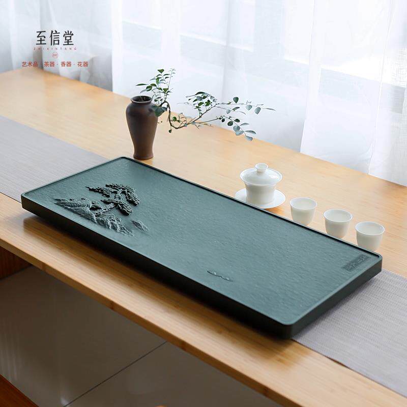 至信堂整块天罗绿茶盘手工雕刻石头茶台家用简约茶海高端办公茶具