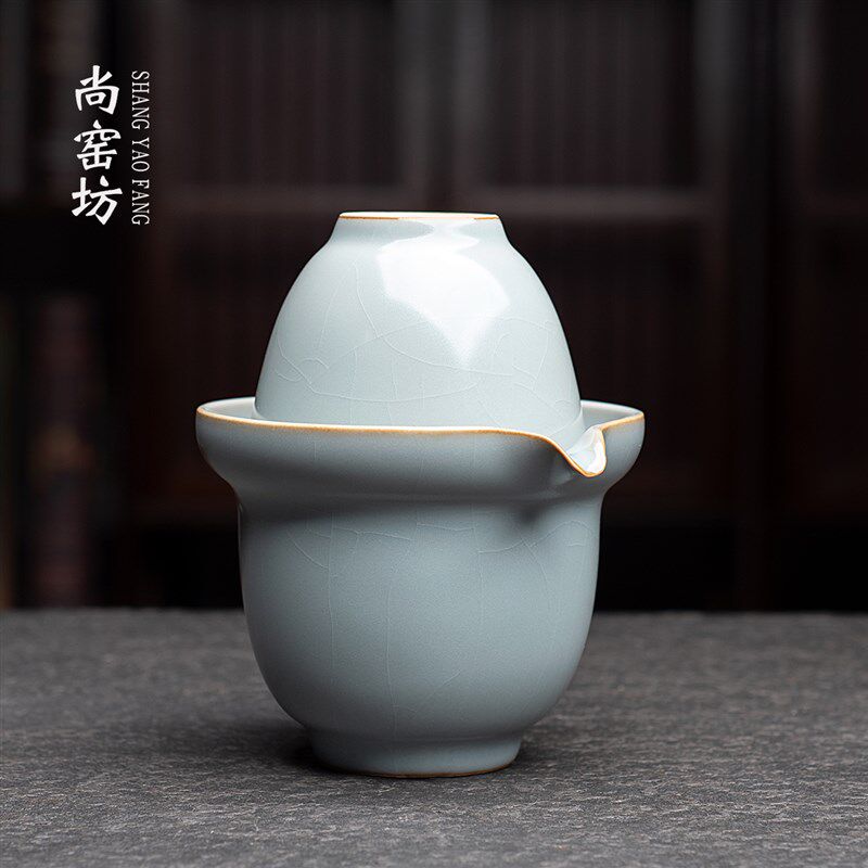 汝窑功夫旅行茶具三杯套装便携式单人快客杯一壶二杯泡茶壶便携包