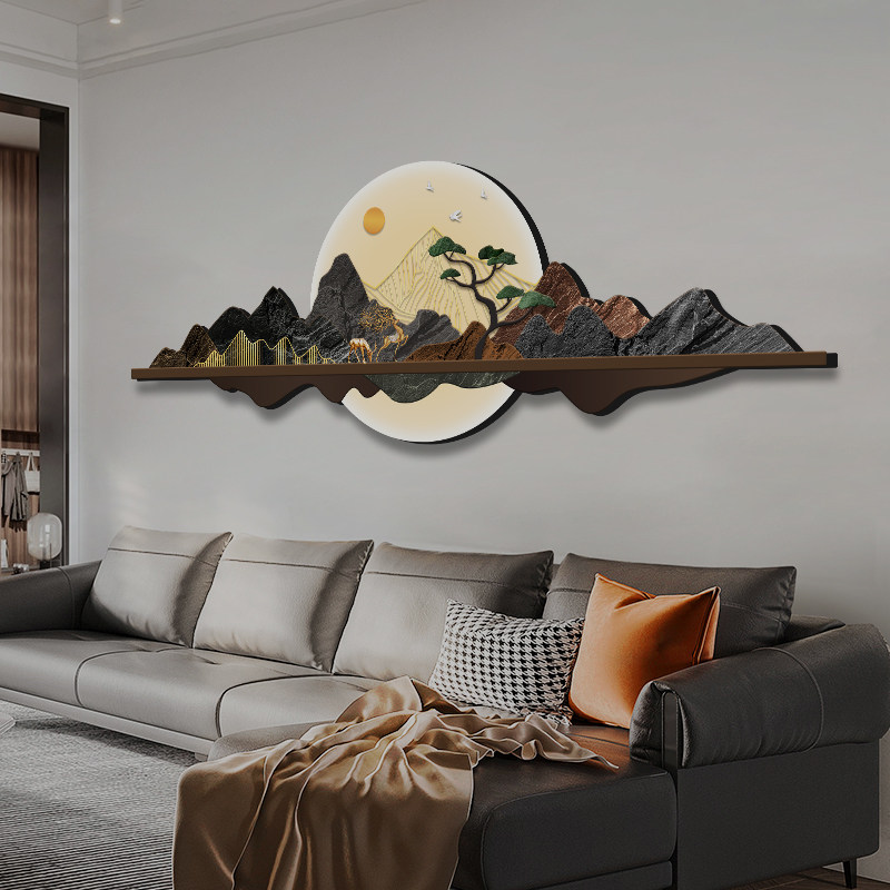 客厅装饰画横版发光卧室挂画乔迁新居沙发白色背景墙带灯山水壁画