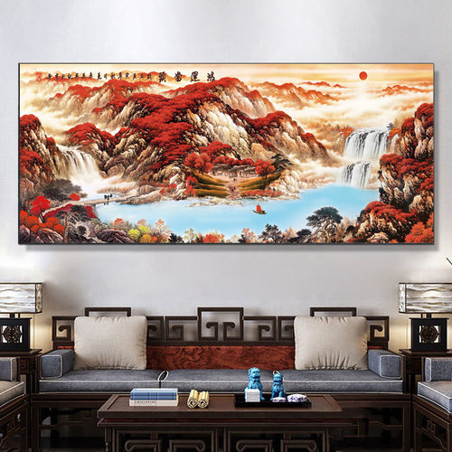 聚宝盆山水画中式国画办公室风景挂画客厅装饰字画沙发背景墙壁画
