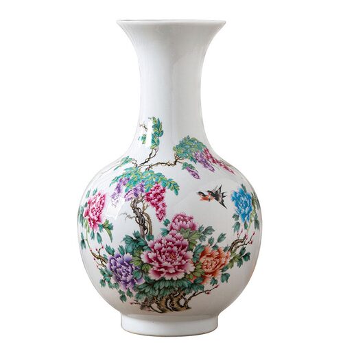 新中式景德镇陶瓷摆件牡丹花瓶博古架玄关插花禅意复古客厅装饰品