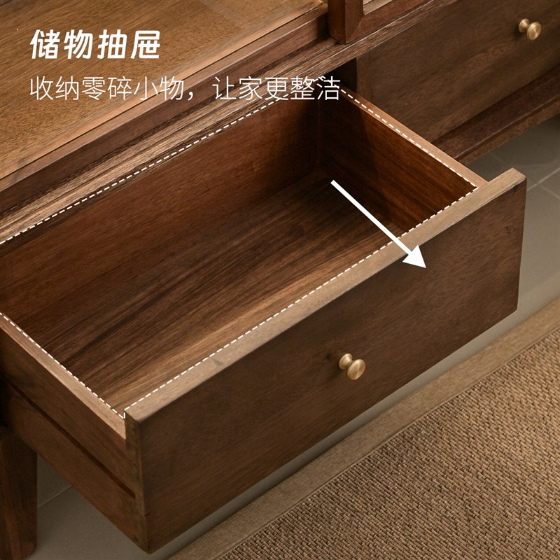 即品实木书柜一体整墙储物柜带柜门客厅展示柜子黑胡桃色多层斗柜