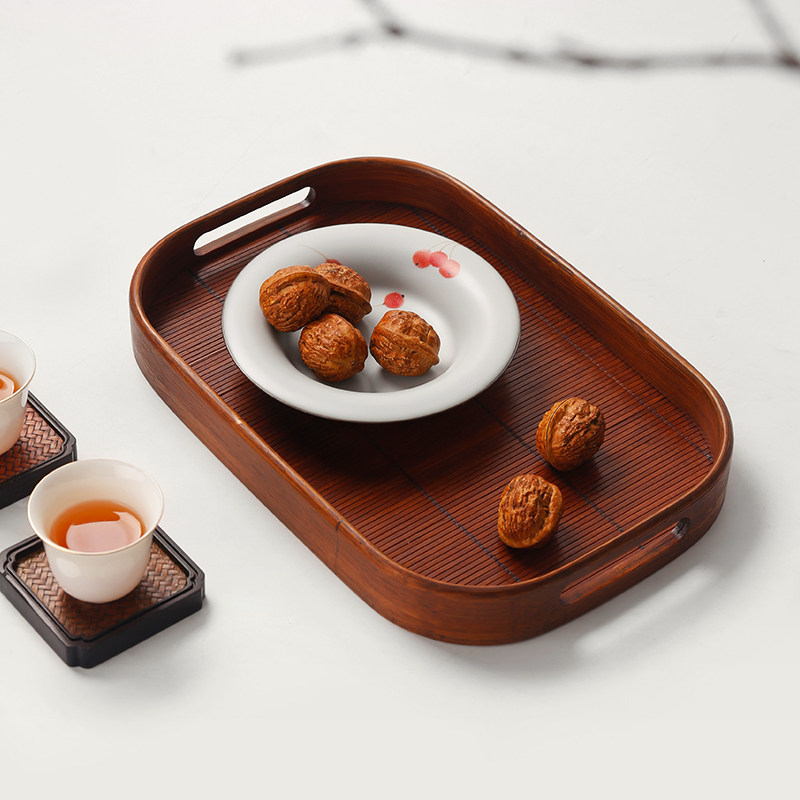 大漆竹编茶点盘复古龟甲纹托盘中式竹制水果盘家用零食收纳盘圆形
