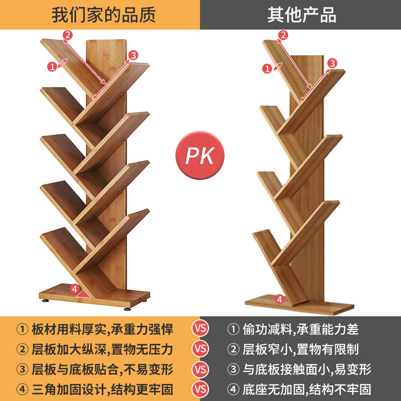 儿童小书架落地书柜置物转角树形书桌楠竹简易多层客厅实木多功能