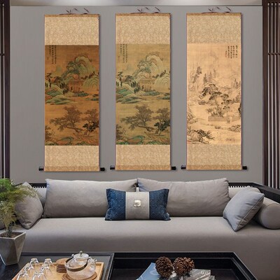 名家字画山水画花鸟画文徽明卷轴画仿古画绢画品茶图携琴访友国画
